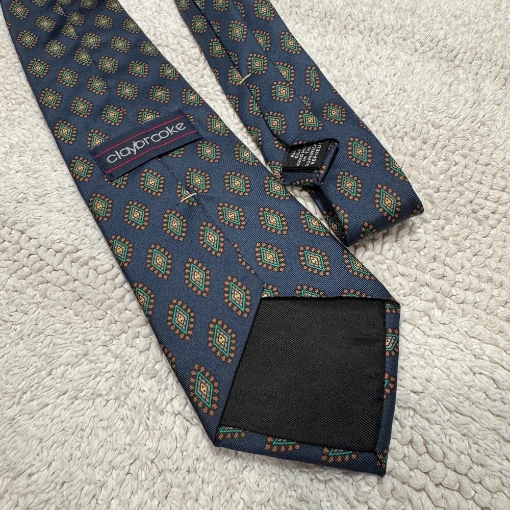Vintage ClayBrooke Tie Blue Green Geometric Monogram Medallion Foulard Silk